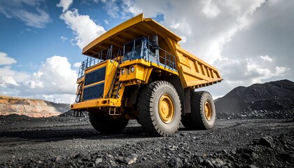 Fototapeta premium Powerful Yellow Mining Dump Truck Hauling Coal at Open Pit Mine