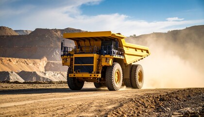 Obraz premium Powerful Yellow Mining Dump Truck on Dusty Road in Quarry Heavy duty Vehicle Transportation