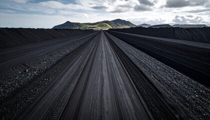 Coal Mine Landscape Vast Black Coal Piles and Industrial Road