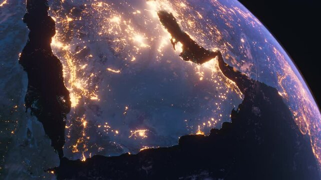 Planet Earth at Night. Arabian Peninsula. Saudi Arabia, Israel. View from Space Orbit. Night Globe
