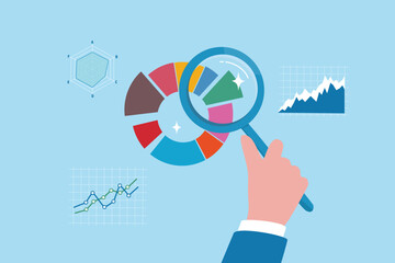 Magnifying glass analyzing investment graph and chart diagram, research statistics, oversight or insight information, market trend concept, businessman hand holding magnifying glass analyze graph.