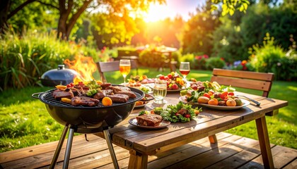 Delicious BBQ feast in a sunny summer garden Enjoy grilling steaks and fresh salads outdoors