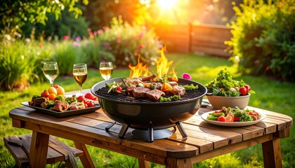Delicious BBQ Grill Feast in a Sunny Garden Summertime Outdoor Cooking