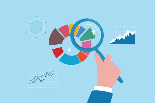 Magnifying glass analyzing investment graph and chart diagram, research statistics, oversight or insight information, market trend concept, businessman hand holding magnifying glass analyze graph.