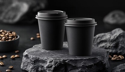 A pair of matte black coffee cups placed on a natural stone surface