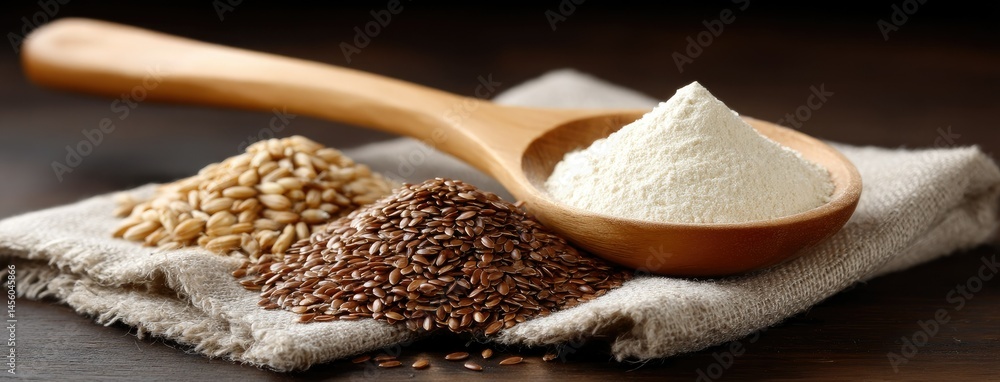 Poster flax seeds rest in a wooden spoon with scattered whole grains creating a warm atmosphere on a rustic
