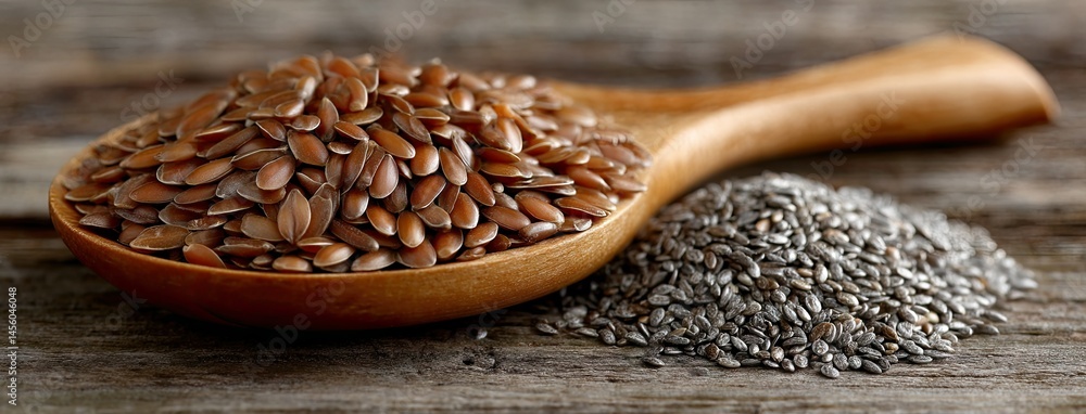 Poster flax seeds rest in a wooden spoon with scattered whole grains creating a warm atmosphere on a rustic