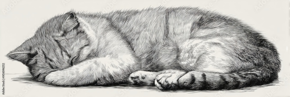 Poster Detailed Sketch of a Curled Sleeping Cat With a Soft Background, Capturing Tranquility and Warmth in Its Repose Generative AI