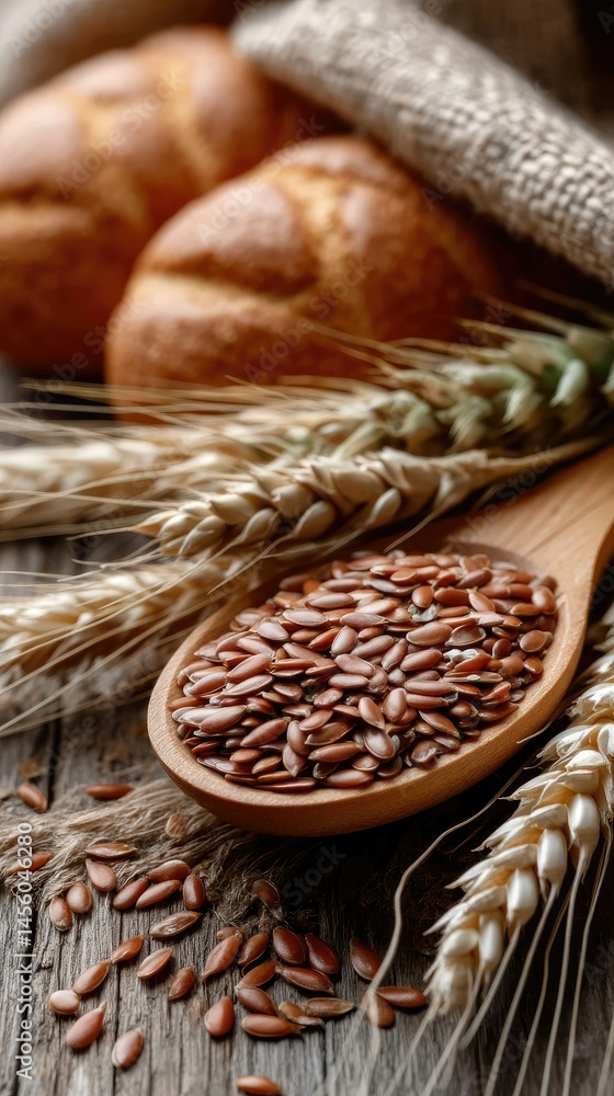 Poster flax seeds rest in a wooden spoon with scattered whole grains creating a warm atmosphere on a rustic