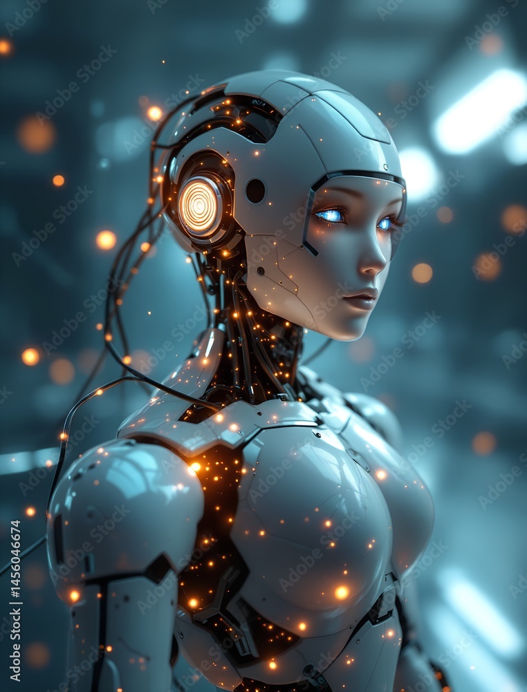 Poster intricate design and luminous circuits illuminate the elegant form of an ai robot exploring the futu
