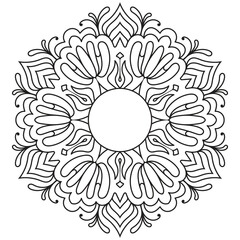 Intricate mandala line art illustration featuring a symmetrical floral pattern. Ideal for yoga decor, spiritual artwork, meditation designs, henna inspiration, tattoo templates and adult coloring book
