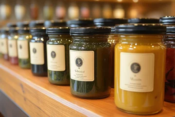 Jars of Colorful Condiments on Wooden Shelf in Gourmet Store © munirahsamsudin