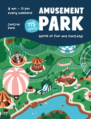 Amusement park event poster design. Advertising template of outdoor entertainment, funs. Promotion layout with ferris wheel, carousels, roller coaster on summer landscape. Flat vector illustration