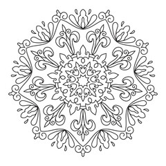 Intricate mandala line art illustration featuring a symmetrical floral pattern. Ideal for yoga decor, spiritual artwork, meditation designs, henna inspiration, tattoo templates and adult coloring book