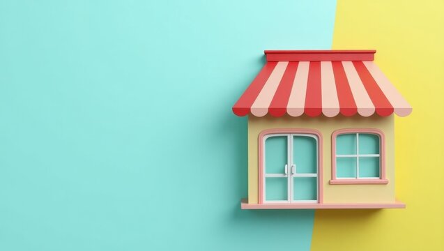 Second Hand Marketplace. Small shop. Toy model. Blue yellow backgroun