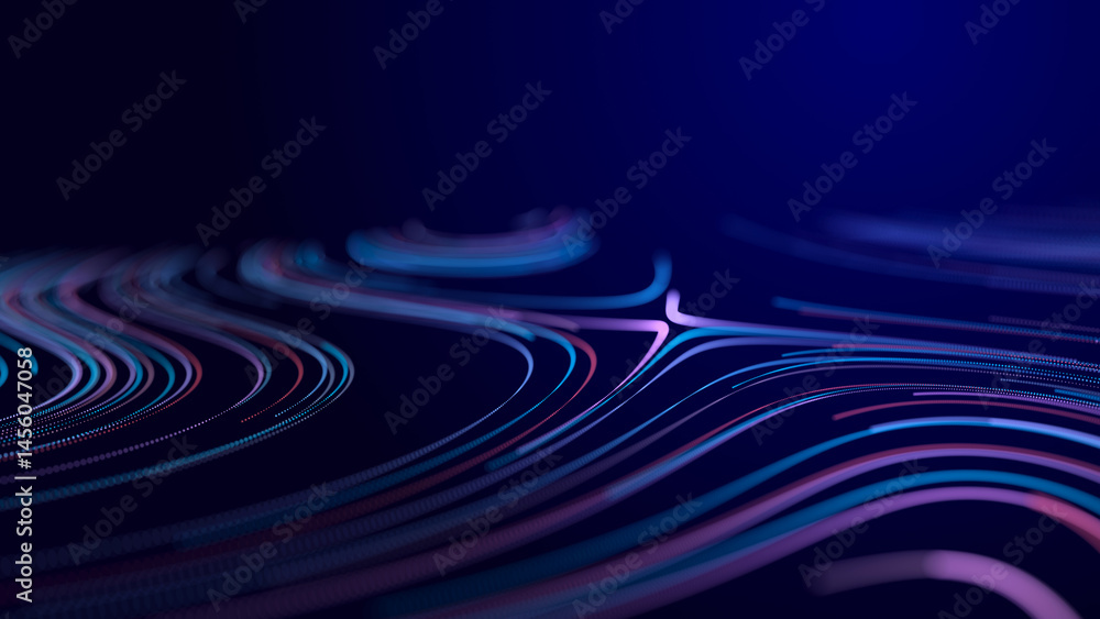 Poster abstract glitter particles in dark space. network data transfer concept. 3d rendering.
