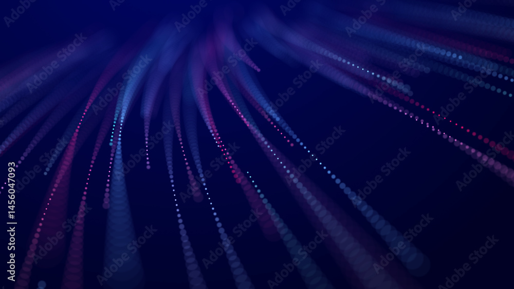 Poster abstract bright wave of glowing particles. the flow of musical sounds. big data visualization. 3d re