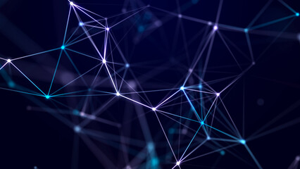 Connection of colored lines and shapes in space. Big data visualization. Digital background. 3d rendering.