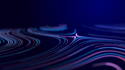 Abstract glitter particles in dark space. Network data transfer concept. 3D rendering.