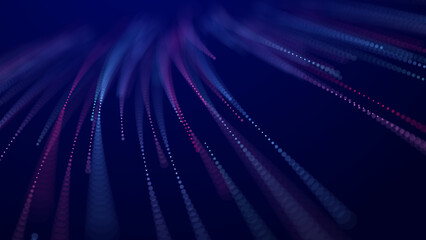 Abstract bright wave of glowing particles. The flow of musical sounds. Big data visualization. 3d rendering.