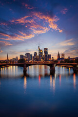 Evening view of the illuminated skyline of Frankfurt, Germany