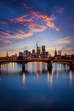 Evening view of the illuminated skyline of Frankfurt, Germany