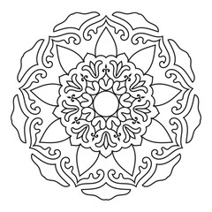 Intricate mandala line art illustration featuring a symmetrical floral pattern. Ideal for yoga decor, spiritual artwork, meditation designs, henna inspiration, tattoo templates and adult coloring book