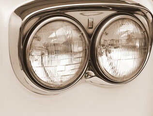 Vintage Car Headlights Close Up Minimalistic Composition Sepia Toned Automotive Theme