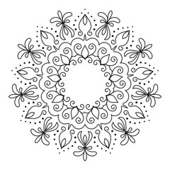 Intricate mandala line art illustration featuring a symmetrical floral pattern. Ideal for yoga decor, spiritual artwork, meditation designs, henna inspiration, tattoo templates and adult coloring book