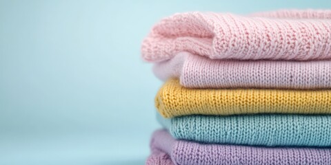 Colorful knit sweaters stacked in pastel shades on soft blue background