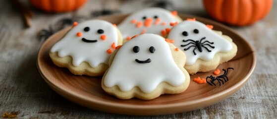 Halloween ghost cookies rest on wooden plate, showcasing festive seasonal treat.