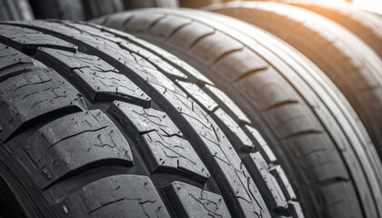 Closeup of tire tread showcasing detailed rubber patterns, emphasizing durability and performance. image captures essence of automotive engineering and design, evoking sense of reliability