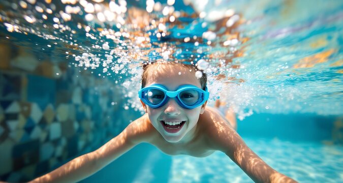 Joyful child swimming underwater in a colorful pool, capturing the essence of summer fun and carefree moments with laughter and splashes Generative AI