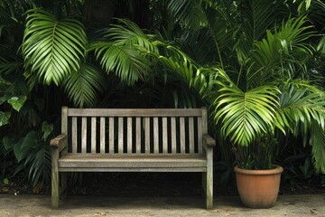 Wooden bench in a lush tropical garden