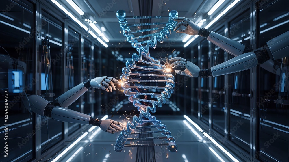 Poster futuristic robotic hands engaging with a glowing dna helix in a high-tech laboratory.