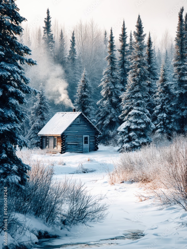 Poster cozy cabin nestled in snow-covered landscape with smoke rising from chimney in a serene winter setti