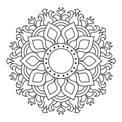 Intricate mandala line art illustration featuring a symmetrical floral pattern. Ideal for yoga decor, spiritual artwork, meditation designs, henna inspiration, tattoo templates and adult coloring book