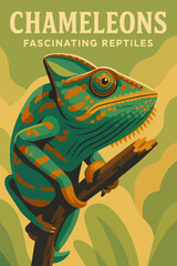 Illustration of a Green Chameleon Resting on a Branch in Nature