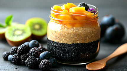 Layered Oatmeal Parfait with Mango and Berries in Glass Jar