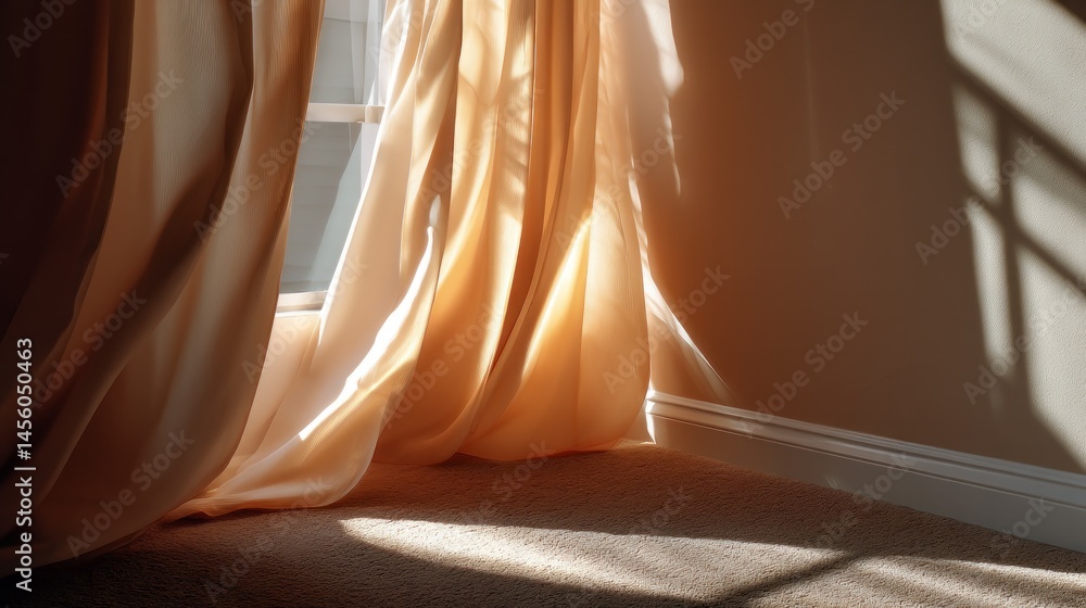Fototapete Warm sunlight streams through flowing curtains, creating soft patterns on the carpet. This peaceful atmosphere evokes a sense of calm and tranquility during the afternoon hours