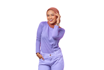 Portrait of cheerful young Asian woman touching face with one hand isolated on transparent background