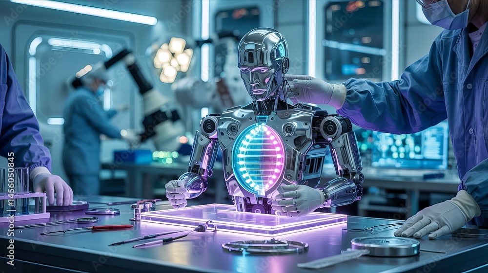 Poster a futuristic humanoid robot with a glowing core is being assembled in a high-tech laboratory by a fo