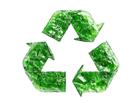 Shiny plastic green recycling symbol emphasizing sustainability