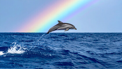 Fototapeta premium dolphin leaps gracefully over ocean waves, creating splash beneath vibrant rainbow in sky. This scene captures beauty of nature and joy of marine life