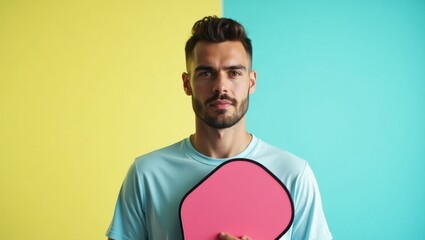 Selkirk pickleball. Man with beard wearing blue shirt holding pink pin
