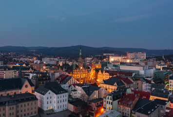 Evening skyline cityscape of Liberec, Czech Republic. Panoramic aerial view of the old town (staré město) at dusk