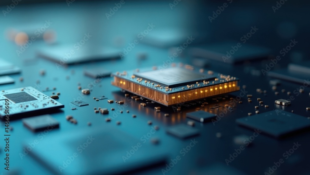 Poster semantic layer. microchip closeup. circuit board. electronic componen