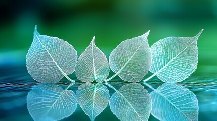 Luminous Leaf Skeletons Floating Elegance on Teal Water, Botanical , Nature