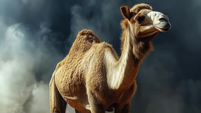 Dromedary camel with a single hump captured in close-up under golden lighting, cloudy dark sky in the background emphasizing its textured fur and strong build