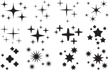 Set of black sparkle and starburst vector icons in assorted styles, ideal for magical effects, celestial illustrations, festive UI highlights, digital stickers, and decorative graphic elements.

